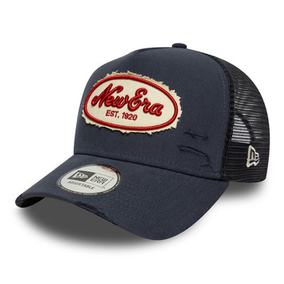 New Era Oval Logo Canvas Distress Navy 9FORTY E-Frame Trucker Snapback Cap