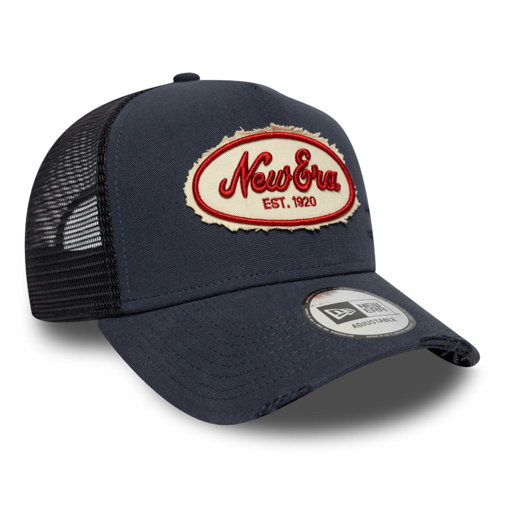 New Era Oval Logo Canvas Distress Navy 9FORTY E-Frame Trucker Snapback Cap
