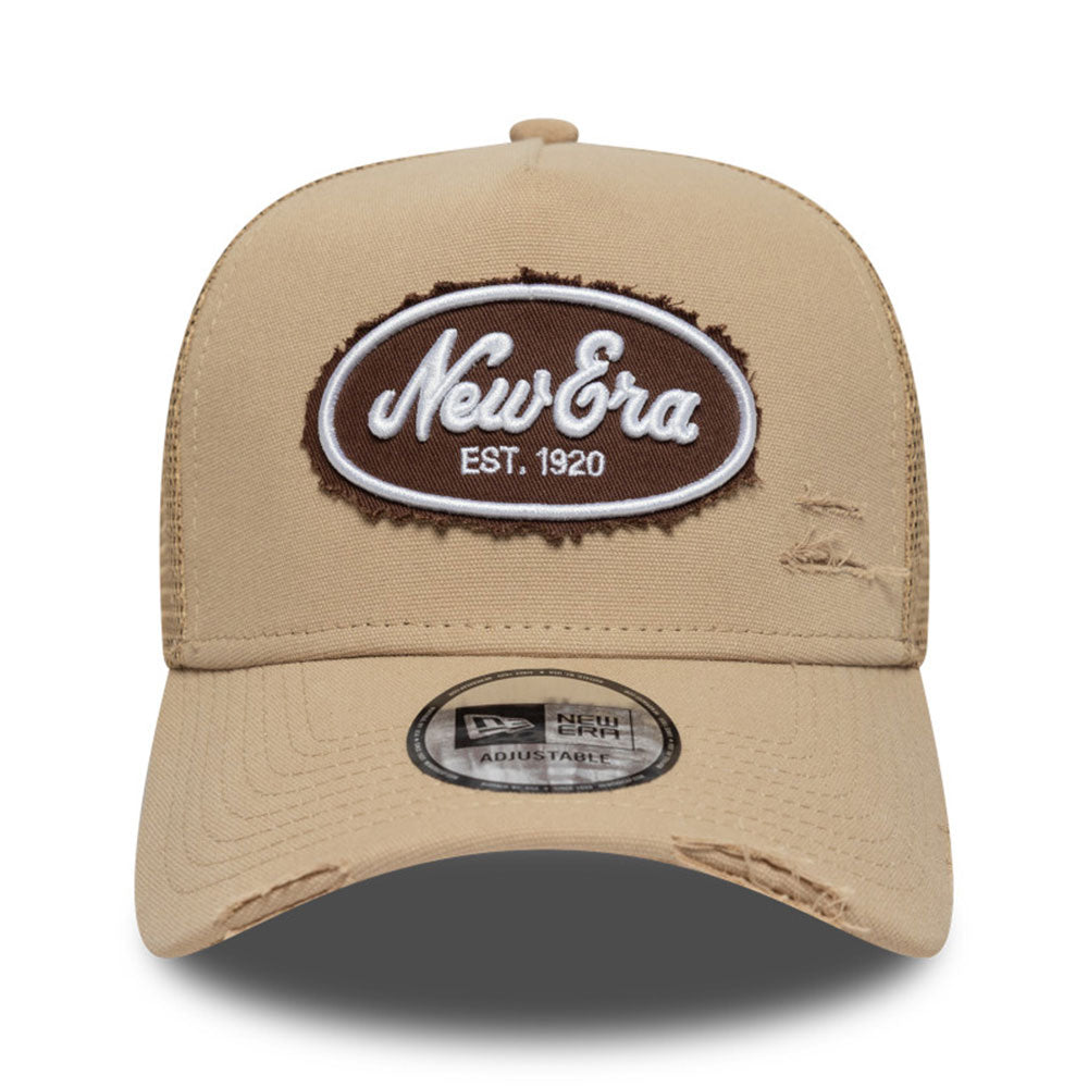 New Era Oval Logo Canvas Distress Camel 9FORTY E-Frame Trucker Snapback Cap