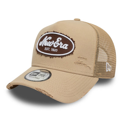 New Era Oval Logo Canvas Distress Camel 9FORTY E-Frame Trucker Snapback Cap