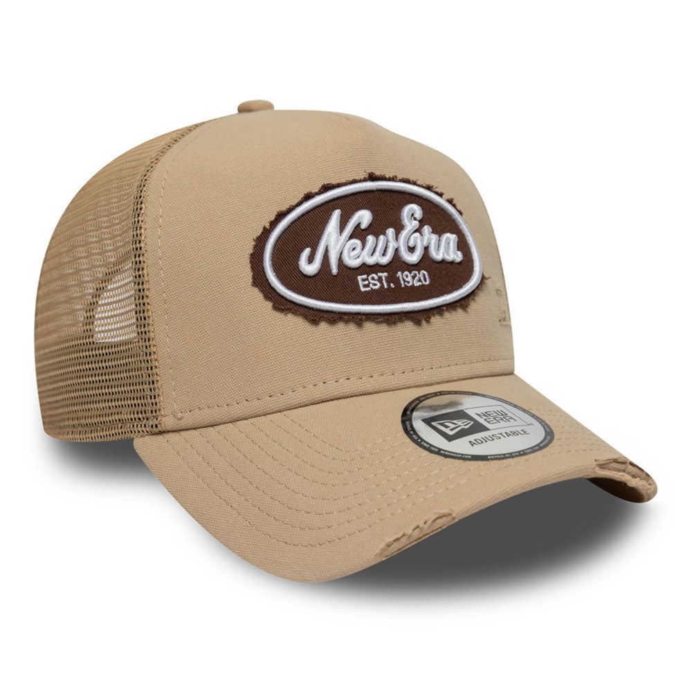 New Era Oval Logo Canvas Distress Camel 9FORTY E-Frame Trucker Snapback Cap