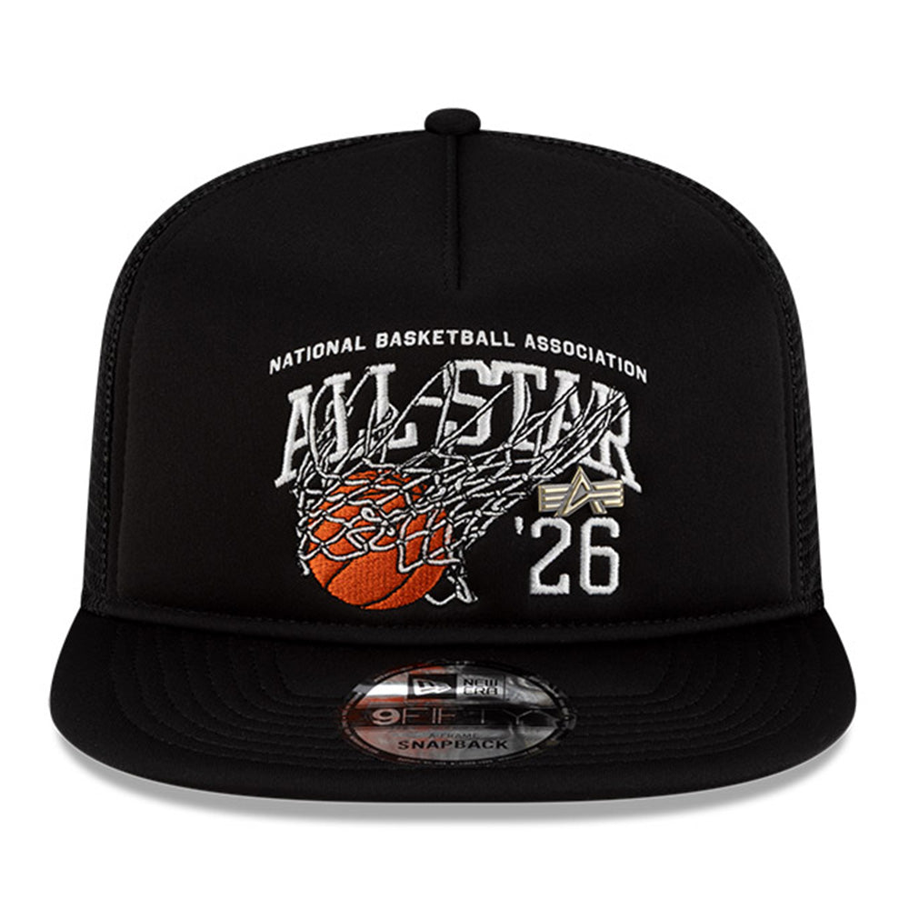 New Era National Basketball Association All Star Game 2026 x Alpha Industries Black 9FIFTY A-Frame Trucker Snapback Cap