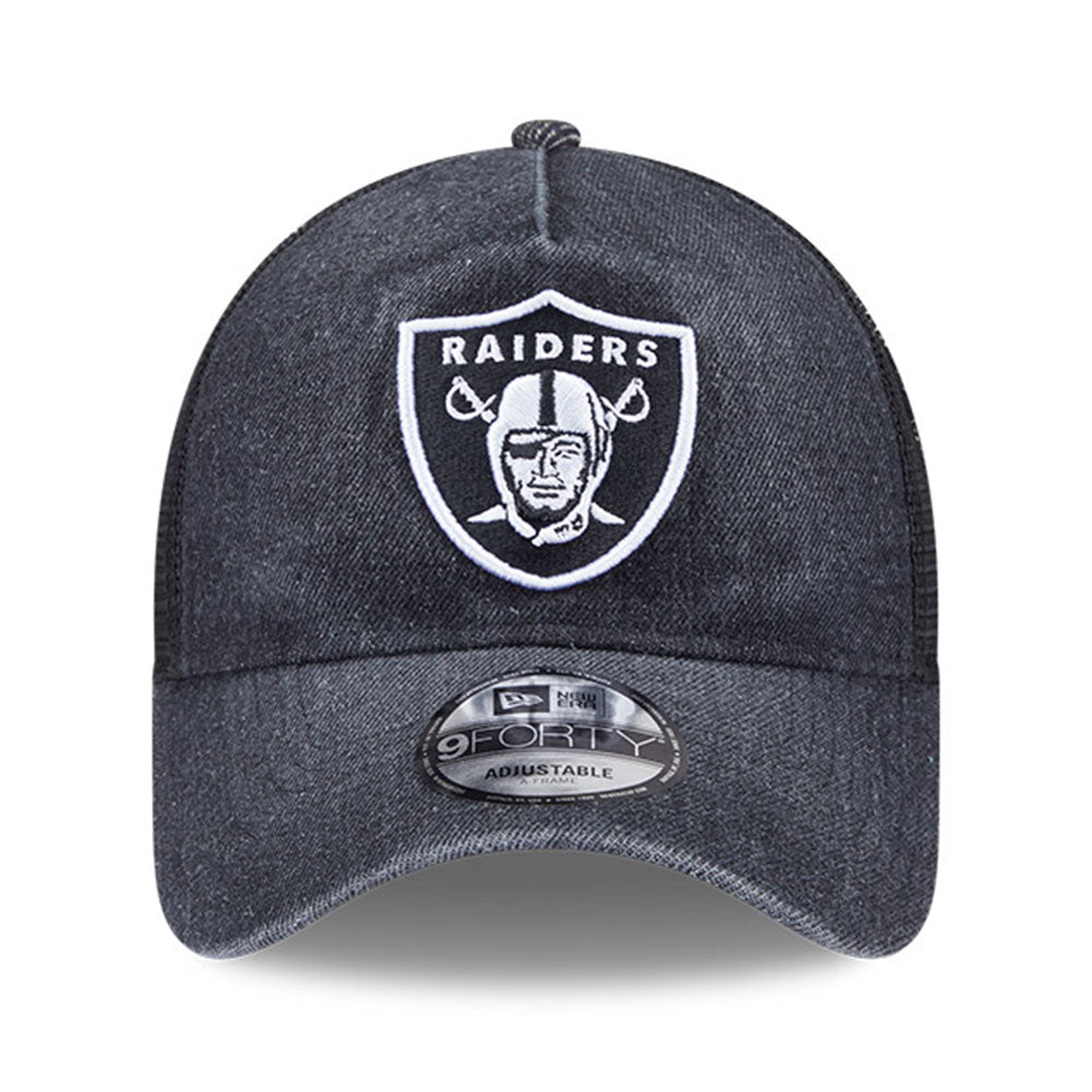 New Era Las Vegas Raiders Washed Denim Q126 Black 9FORTY A-Frame Trucker Adjustable Cap