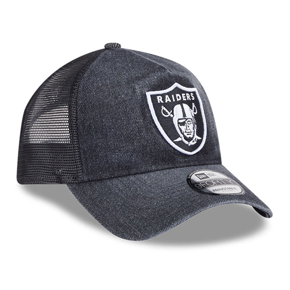 New Era Las Vegas Raiders Washed Denim Q126 Black 9FORTY A-Frame Trucker Adjustable Cap
