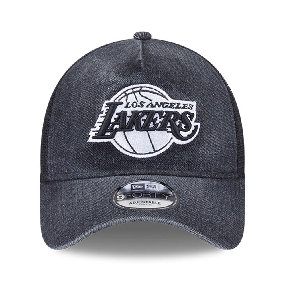 New Era Los Angeles Lakers Washed Denim Q126 Black 9FORTY A-Frame Trucker Adjustable Cap