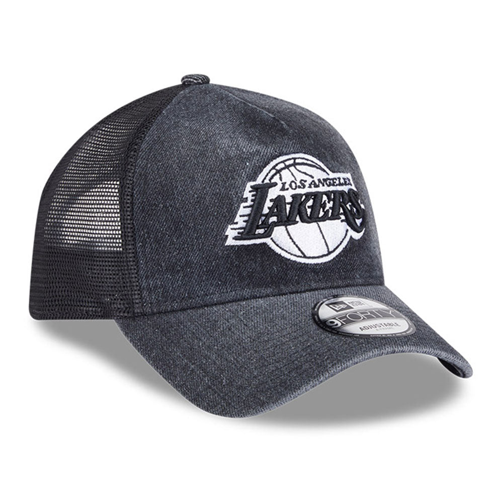 New Era Los Angeles Lakers Washed Denim Q126 Black 9FORTY A-Frame Trucker Adjustable Cap