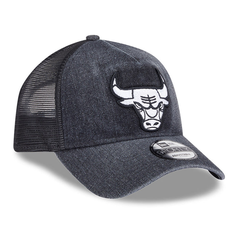 New Era Chicago Bulls Washed Denim Q126 Black 9FORTY A-Frame Trucker Adjustable Cap