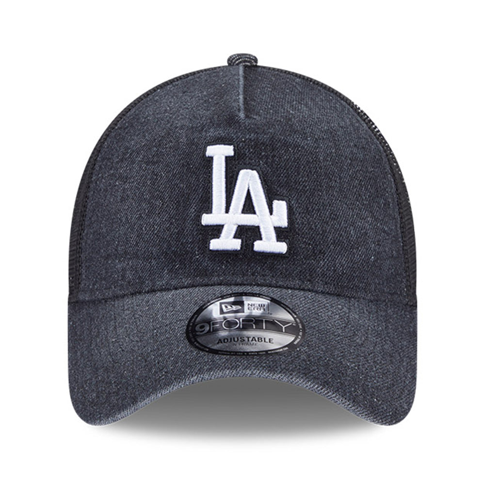 New Era Los Angeles Dodgers Washed Denim Q126 Black 9FORTY A-Frame Trucker Adjustable Cap