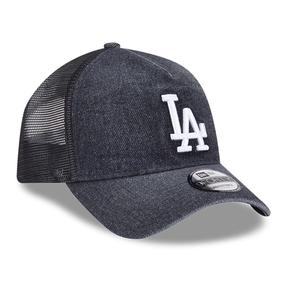 New Era Los Angeles Dodgers Washed Denim Q126 Black 9FORTY A-Frame Trucker Adjustable Cap