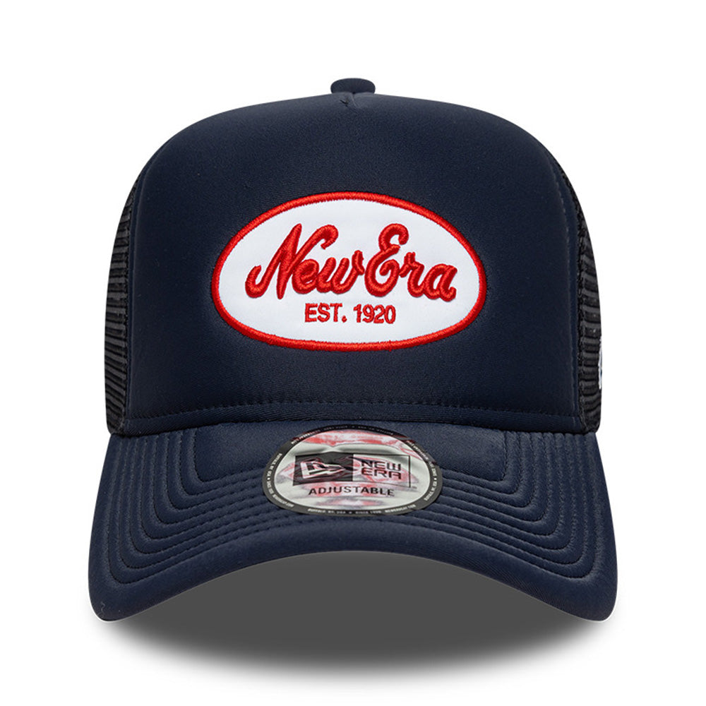 New Era Script Logo Oval Foam Patch Navy 9FORTY E-Frame Trucker Cap