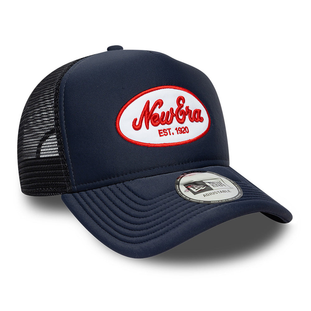 New Era Script Logo Oval Foam Patch Navy 9FORTY E-Frame Trucker Cap