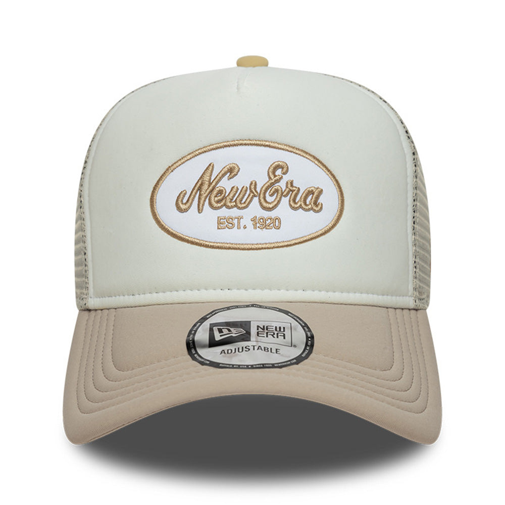 New Era Script Logo Oval Foam Patch White Camel 9FORTY E-Frame Trucker Cap