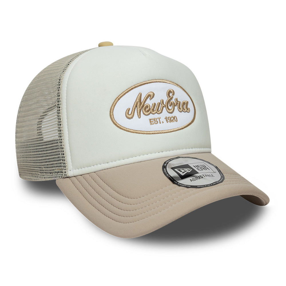New Era Script Logo Oval Foam Patch White Camel 9FORTY E-Frame Trucker Cap
