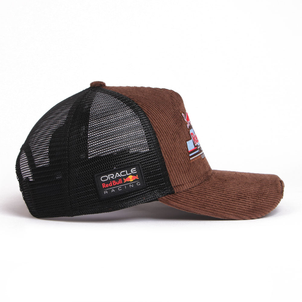 New Era Oracle Red Bull Racing Distressed Cord Brown 9FORTY A-Frame Trucker Adjustable Cap