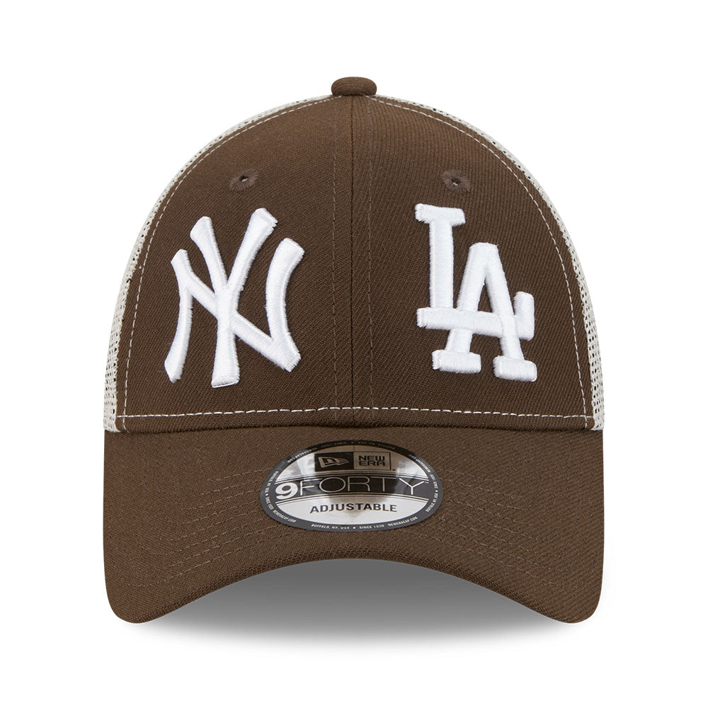 New Era New York Yankees & Los Angeles Dodgers Two Team 75th World Series Walnut Stone 9FORTY E-Frame Trucker Cap