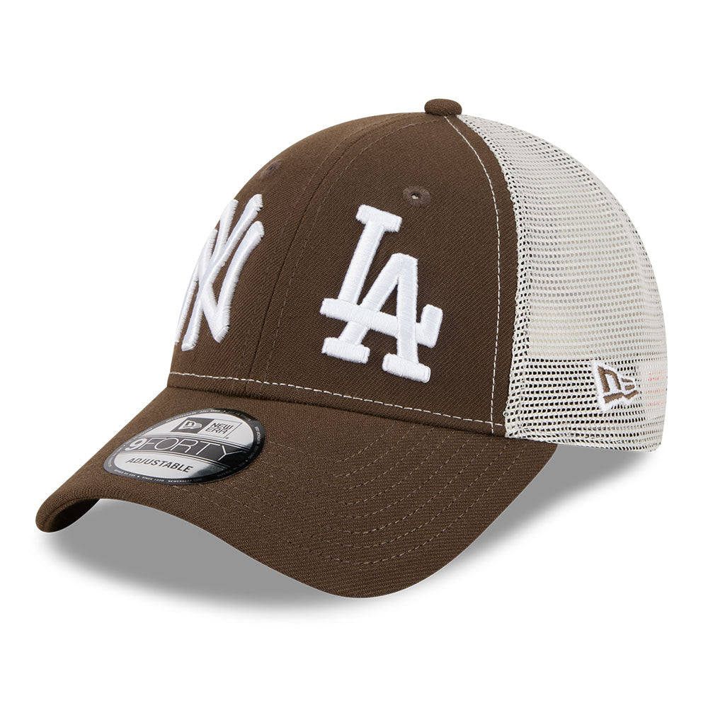 New Era New York Yankees & Los Angeles Dodgers Two Team 75th World Series Walnut Stone 9FORTY E-Frame Trucker Cap