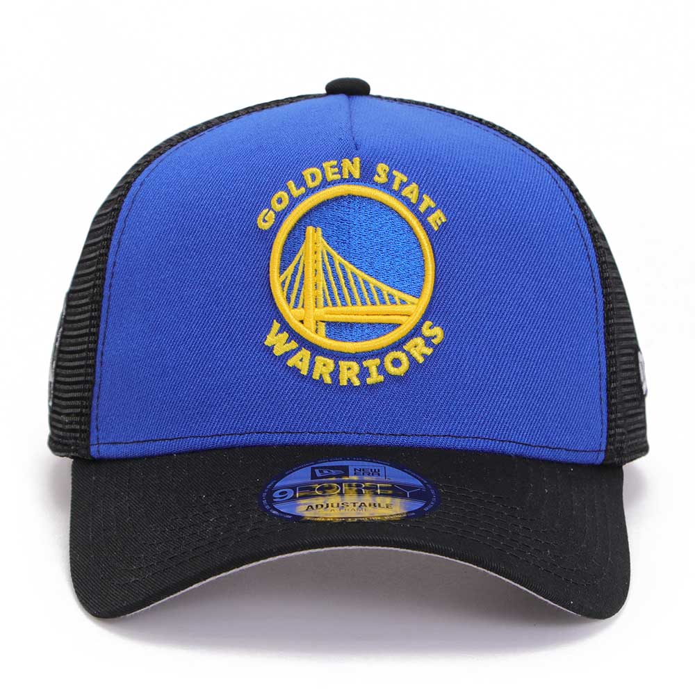 New Era Golden State Warriors Essentials Majestic Blue Black 9FORTY A-Frame Trucker Snapback Cap