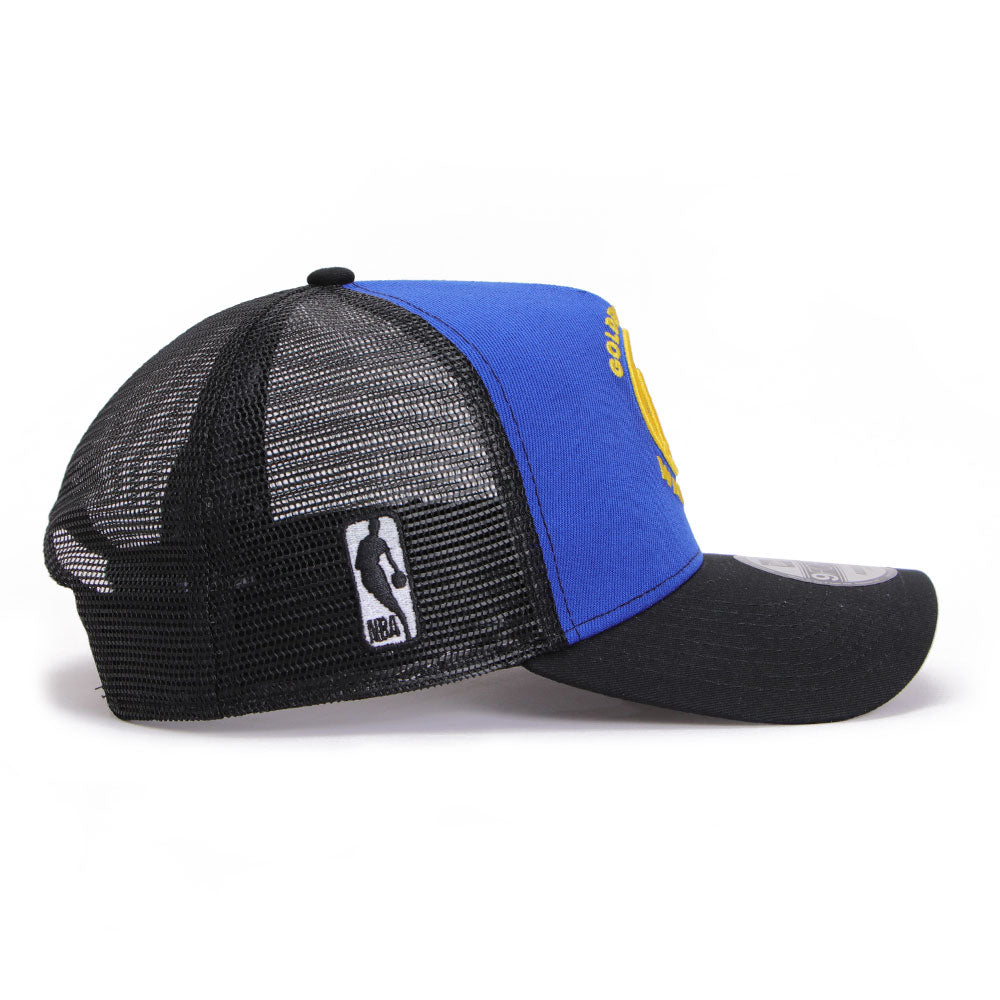 New Era Golden State Warriors Essentials Majestic Blue Black 9FORTY A-Frame Trucker Snapback Cap