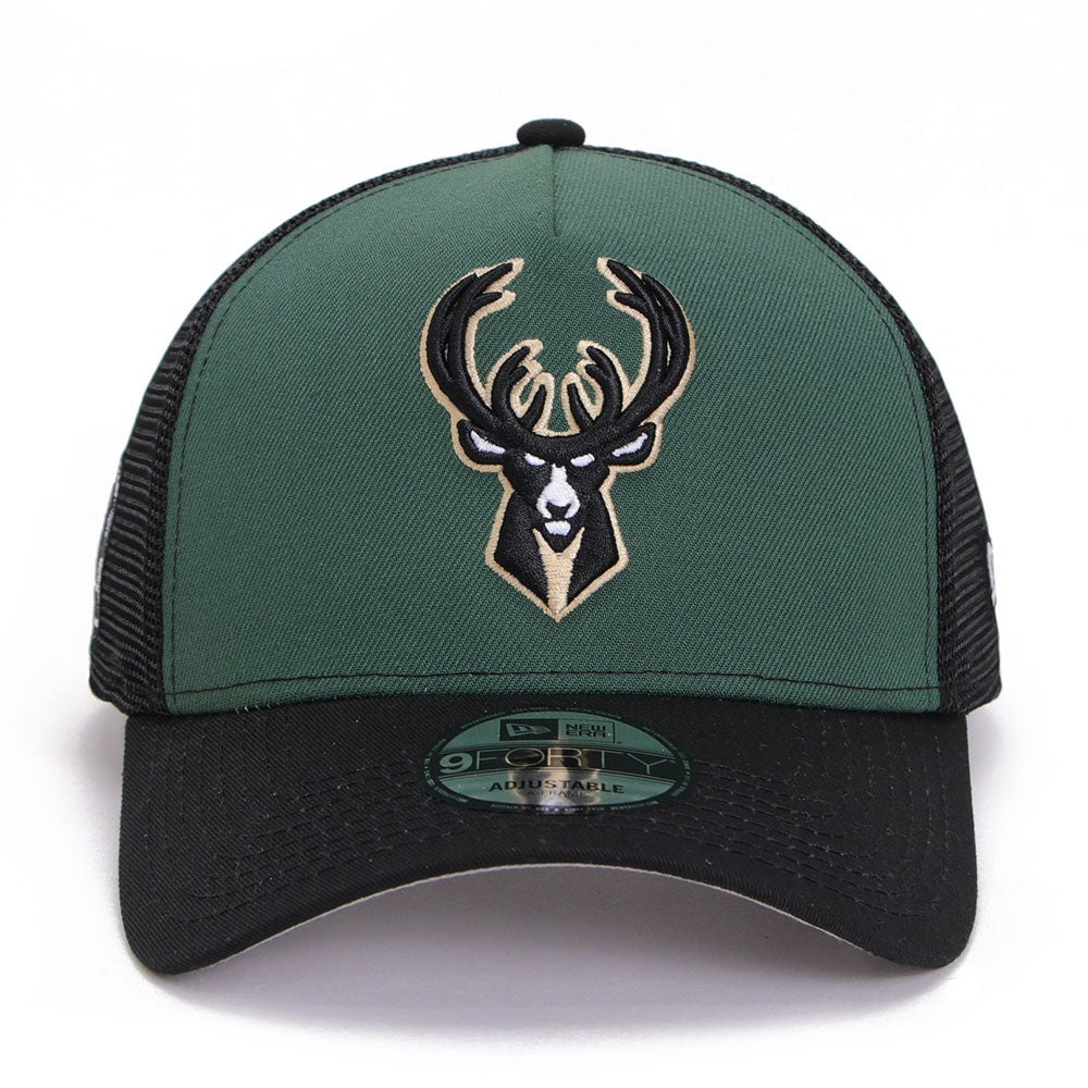 New Era Milwaukee Bucks Essentials Maple Green Black 9FORTY A-Frame Trucker Snapback Cap