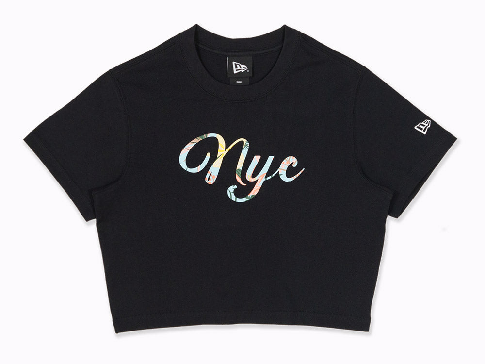 New Era NYC Women Floral Black Short Sleeve Crop Top T-Shirt