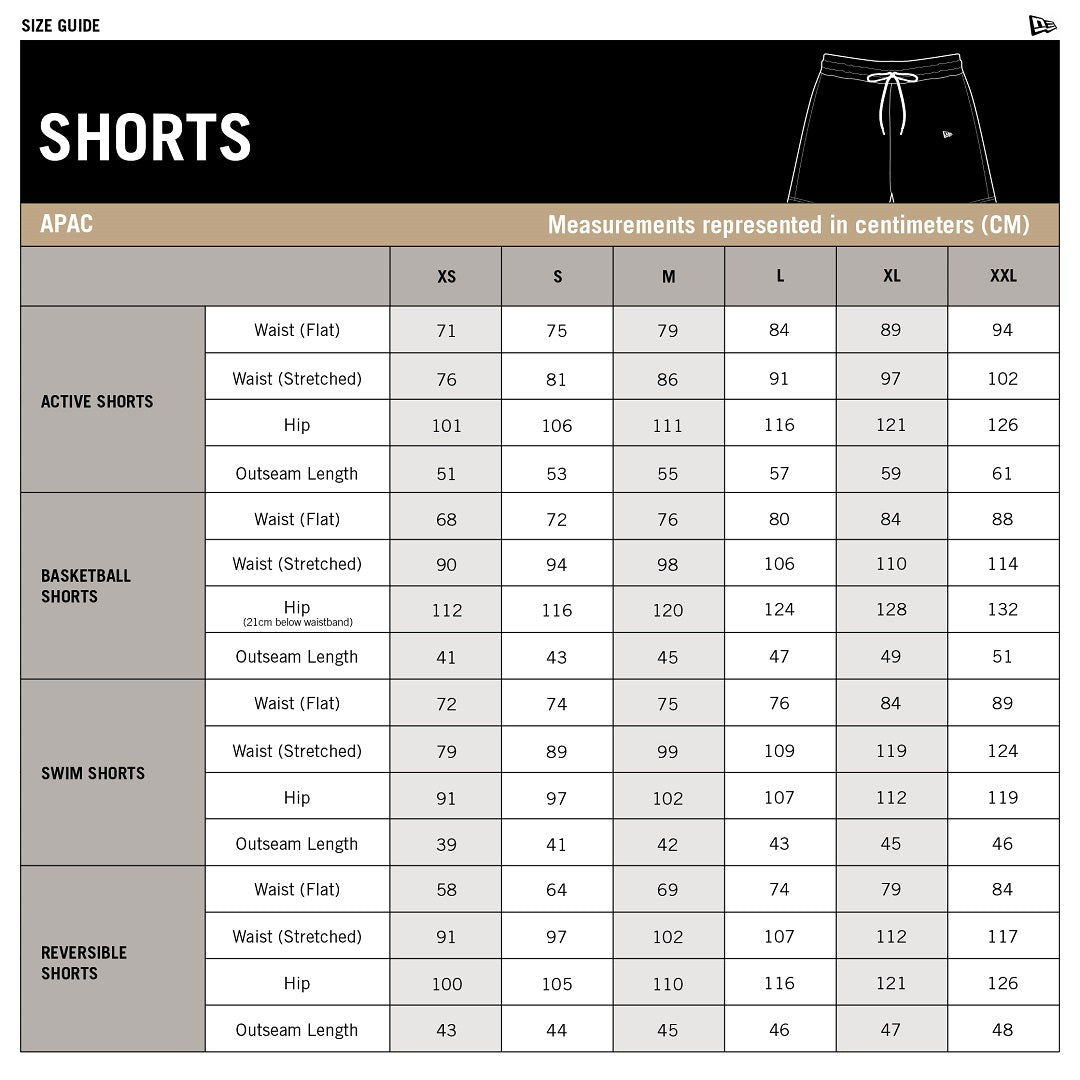 New Era Shorts Men's size chart