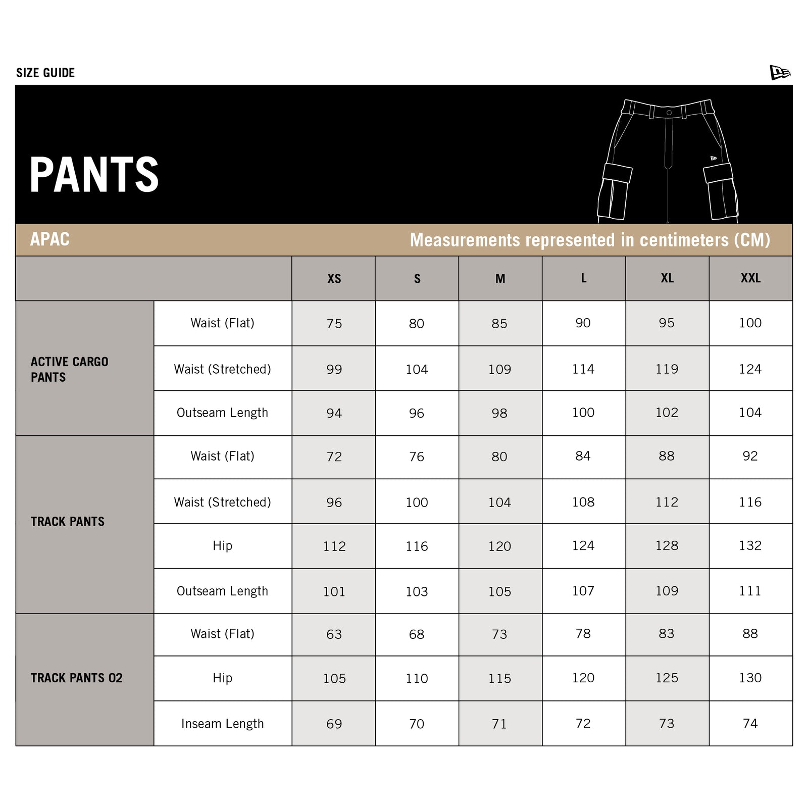 New Era Pants Men's size chart