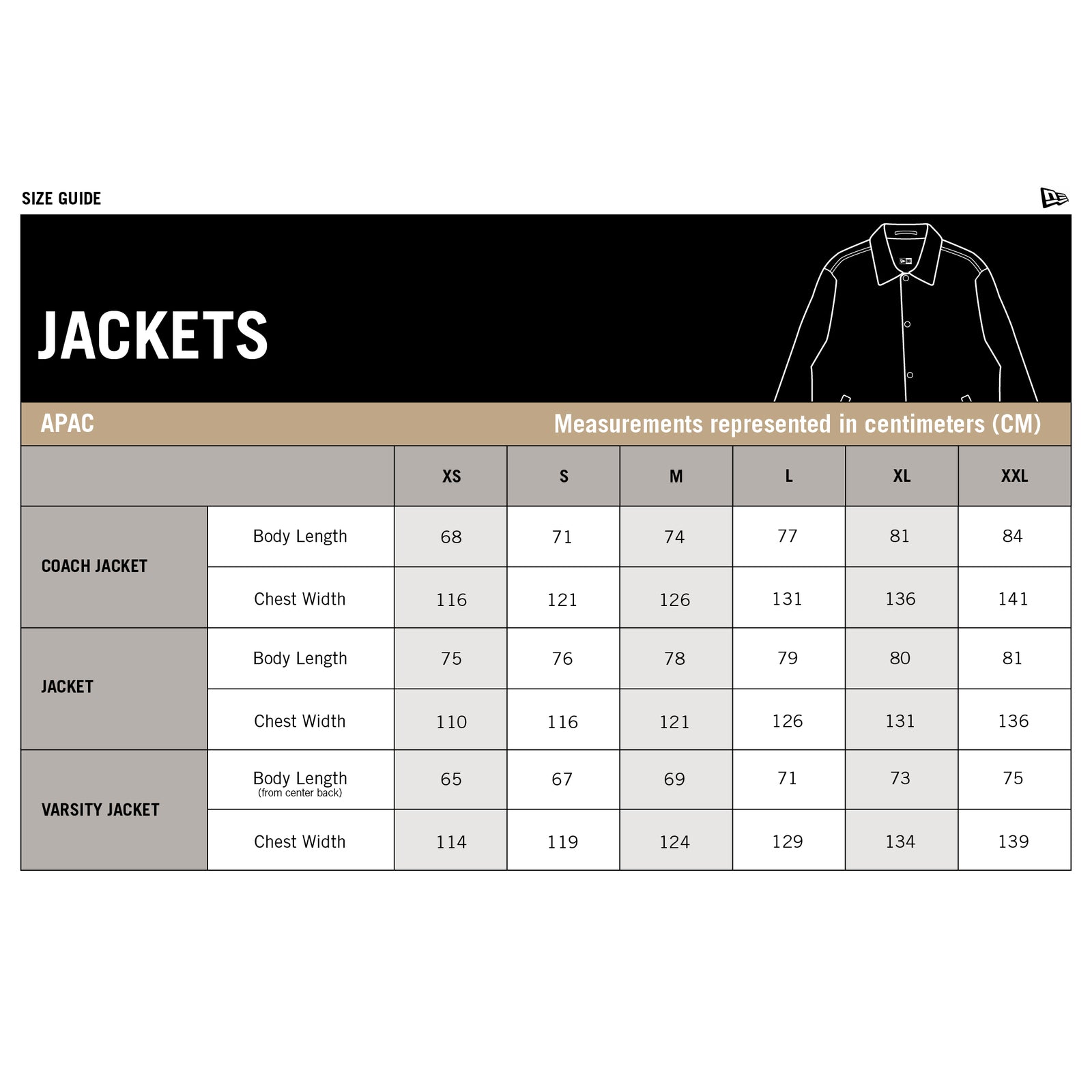 New Era Jackets Men's size chart
