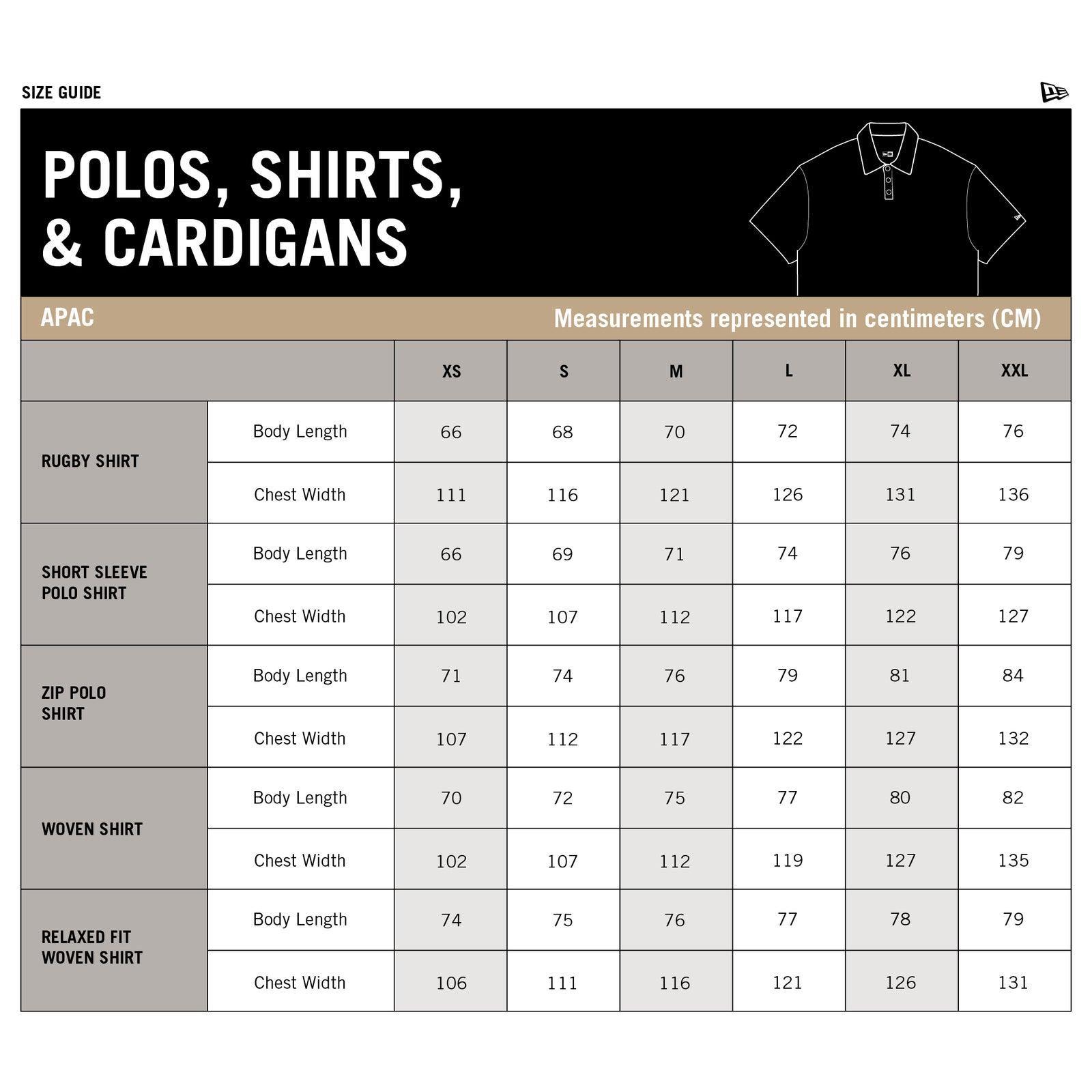 New Era Polo shirts & cardigans Men's size chart
