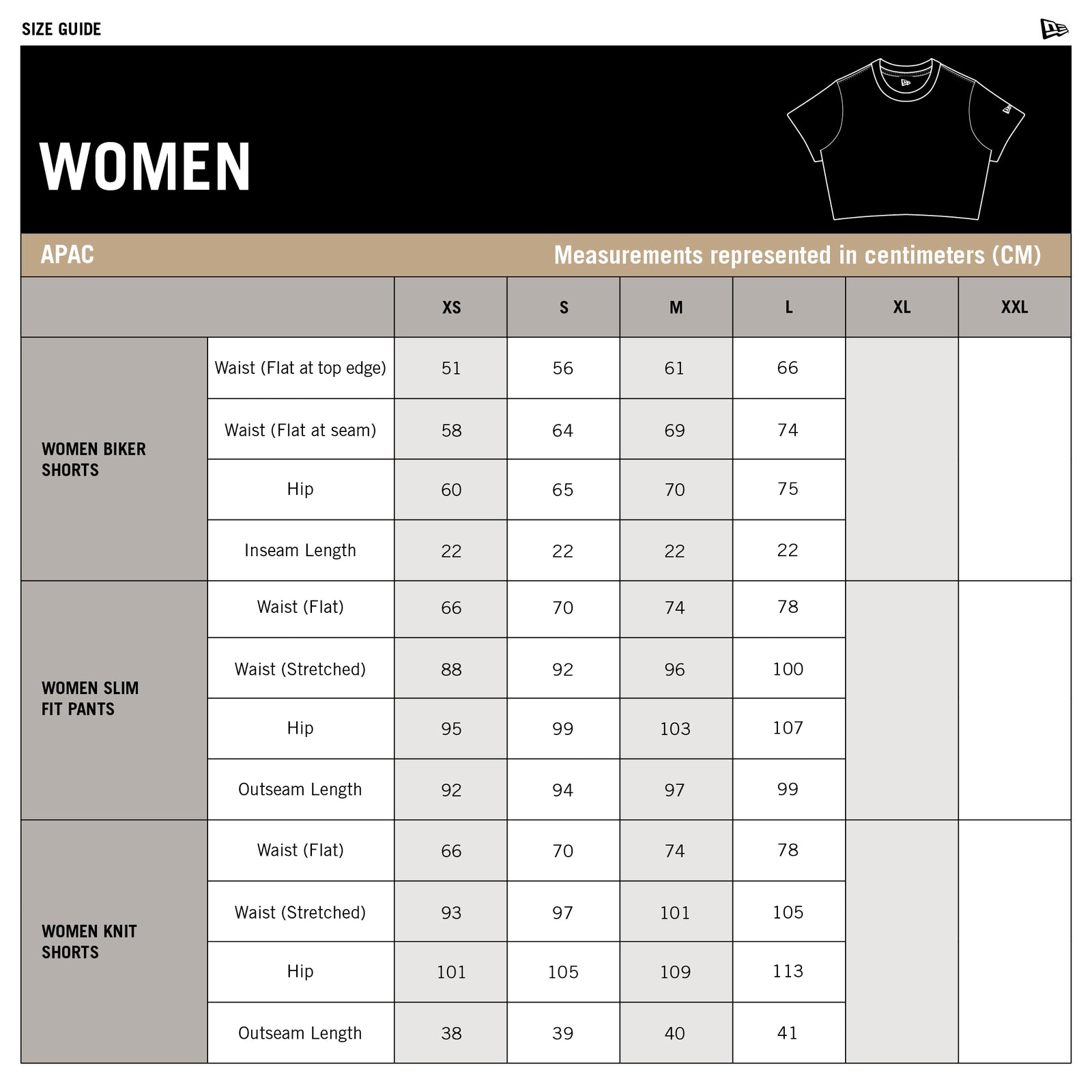 New Era Shorts & pants Women's bottoms size chart